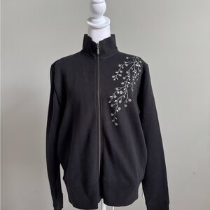 Enzo Black Zip-Up Sweatshirt Jacket with Floral Bling